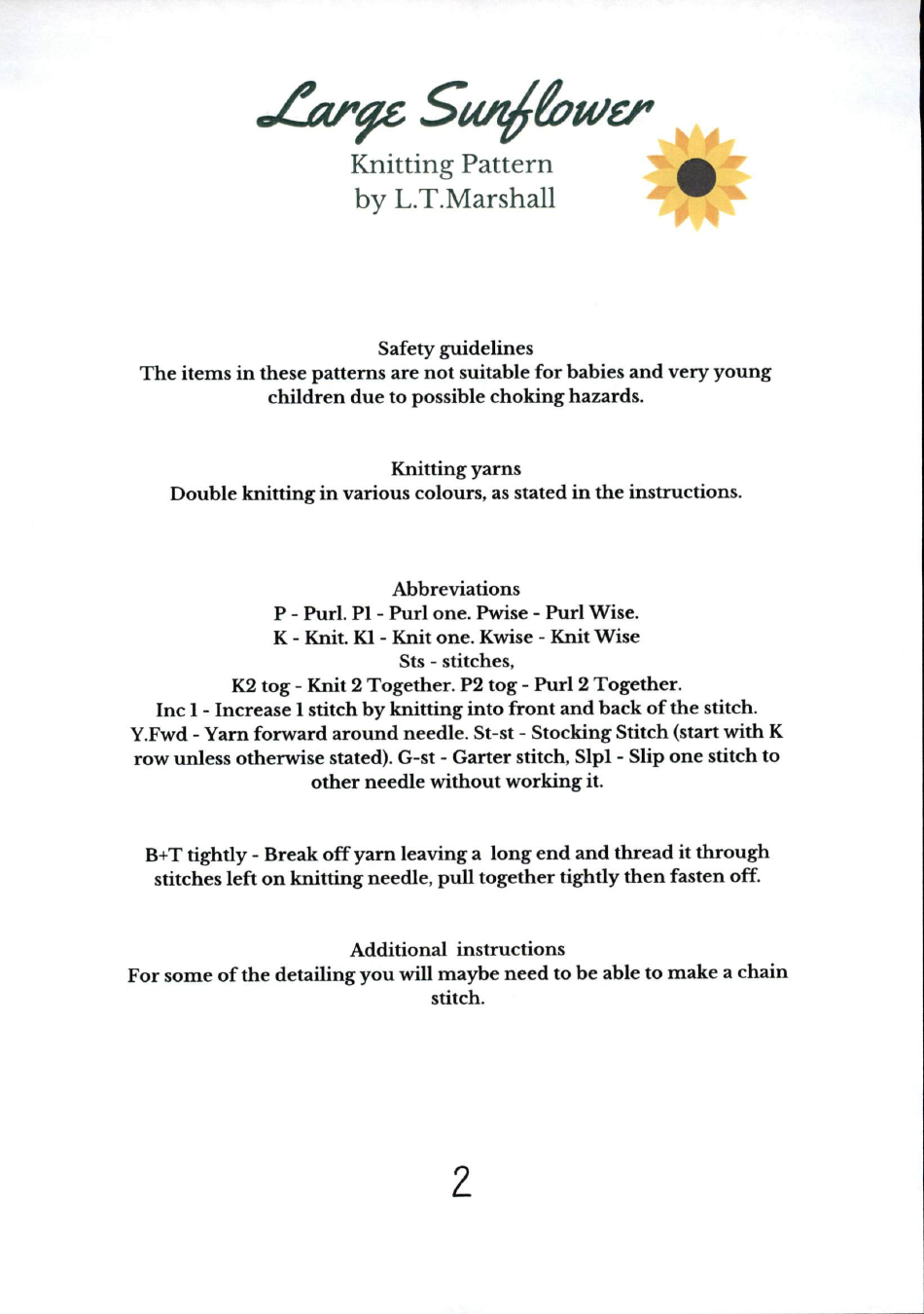 Large Sunflower Knitting Pattern, Page 3