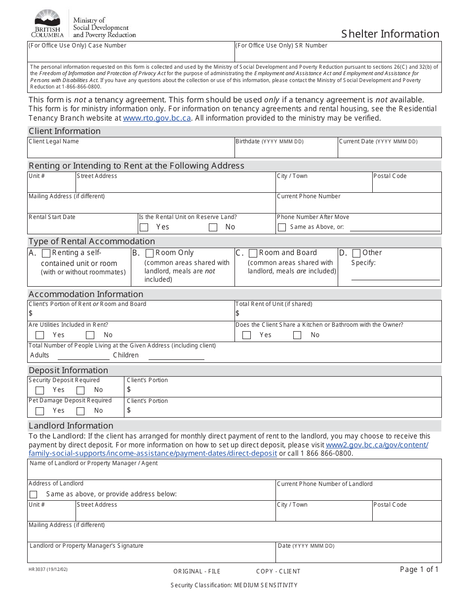 Form HR3037 Shelter Information - British Columbia, Canada, Page 1