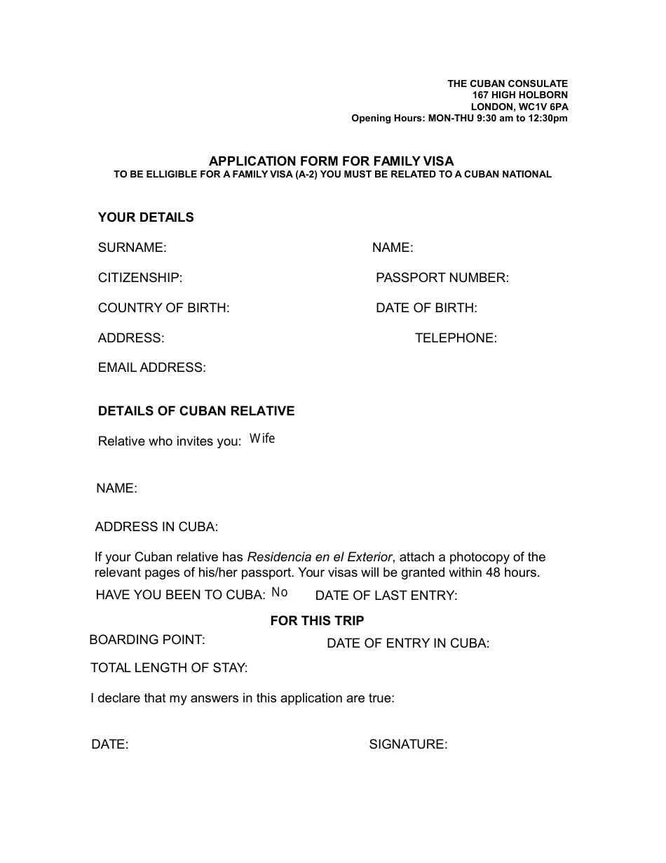 Application Form for Cuba Family Visa - the Cuban Consulate - Greater London, United Kingdom, Page 1