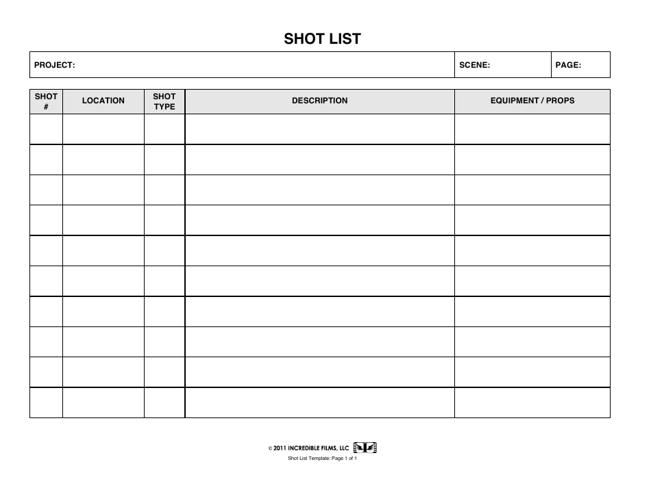 Shot List Template - Incredible Films, Page 1