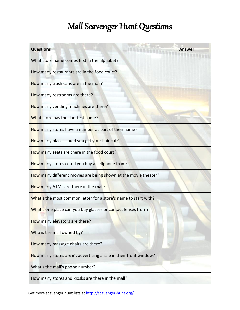 Mall Scavenger Hunt Questionnaire Template - Search for amusing treasure with our interactive Mall Scavenger Hunt Questionnaire Template. Perfect for organizing a fun-filled activity for friends or team-building events.