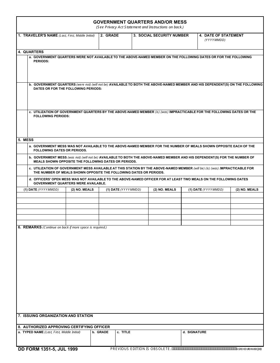 DD Form 1351-5 Government Quarters and / or Mess, Page 1