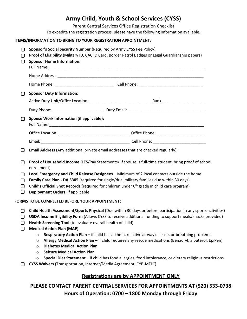Army Child, Youth & School Services Parent Central Services Office Registration Checklist Template Preview