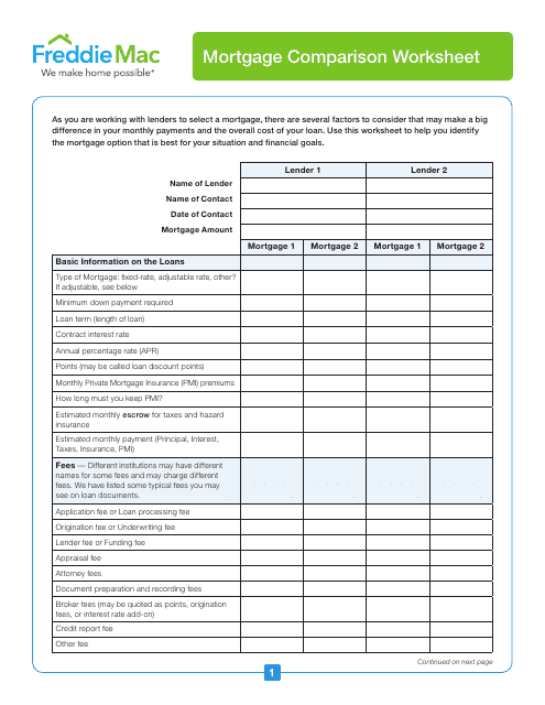 Mortgage Comparison Worksheet – Freddie Mac