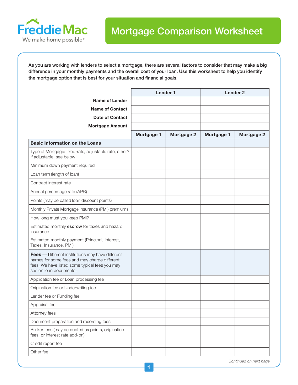 Mortgage Comparison Worksheet - Freddie Mac Download Printable PDF