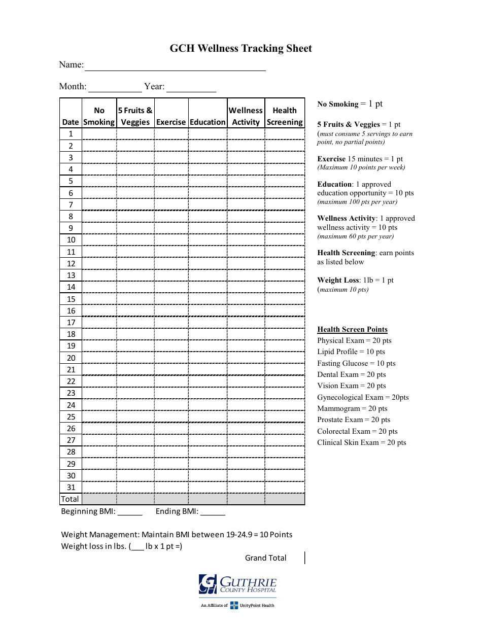 Wellness Tracking Sheet - Guthrie County Hospital Download Printable