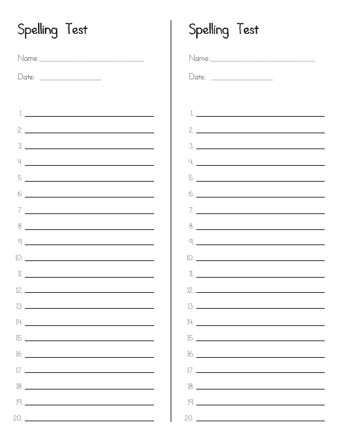 Blank 20 Words Spelling Test Sheet