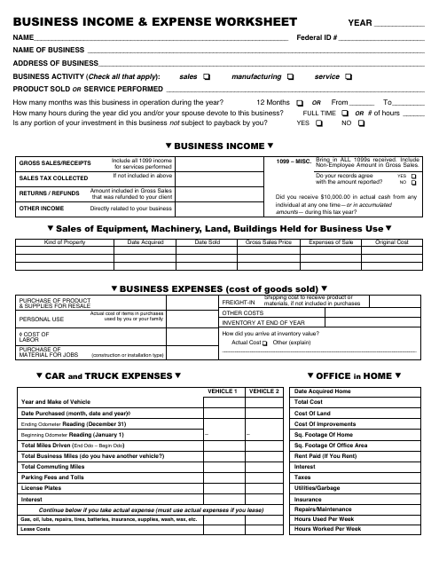 Business Income & Expense Worksheet Download Pdf