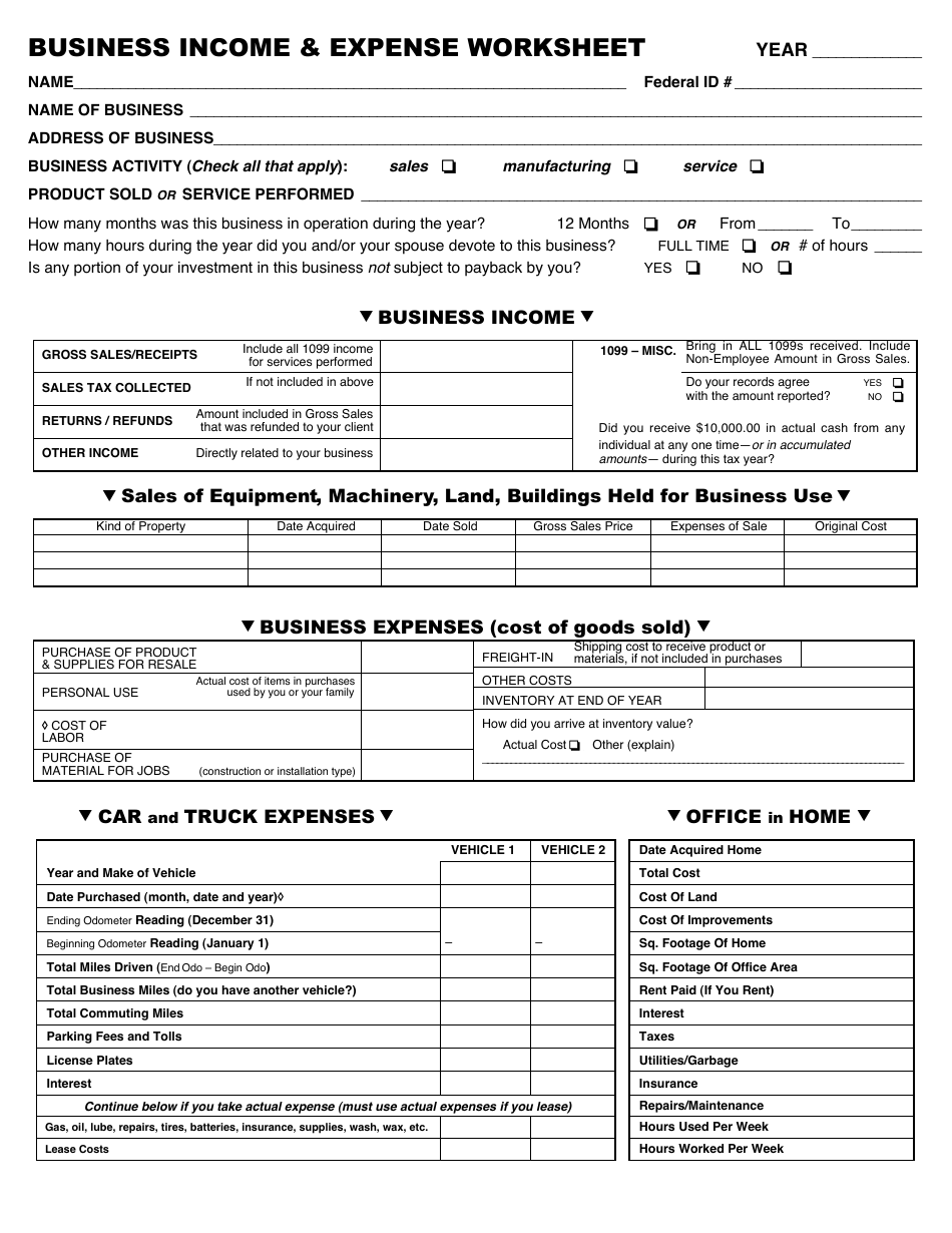 Business Income  Expense Worksheet, Page 1