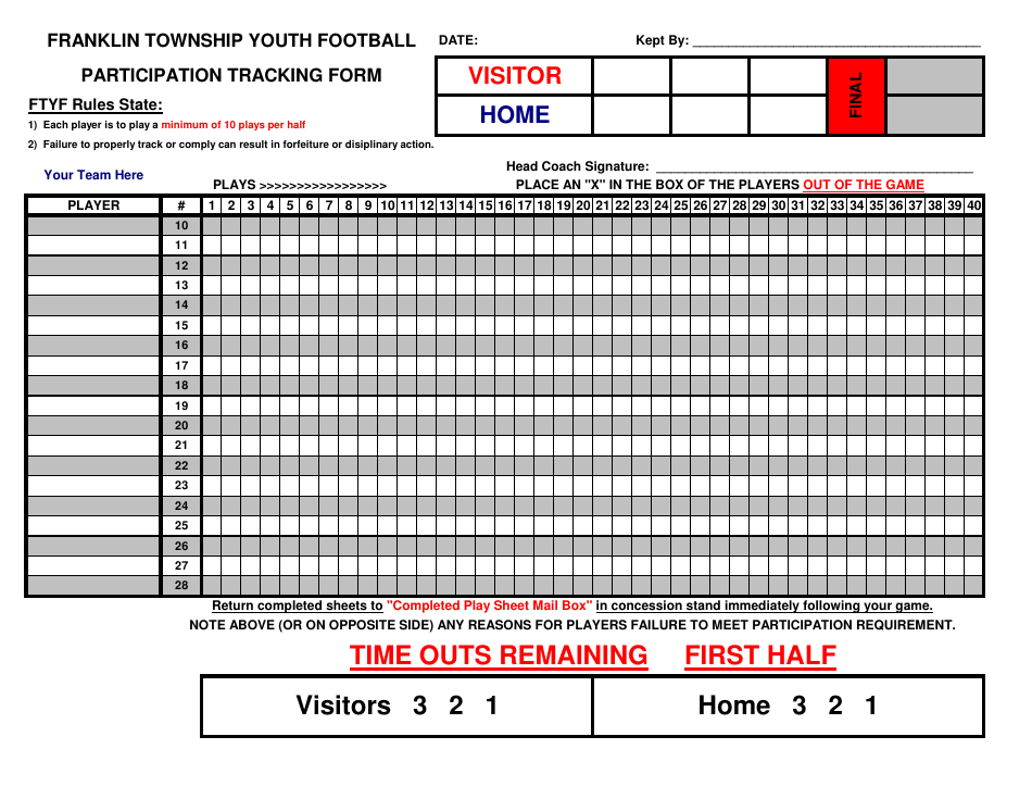 Youth Football Participation Tracking Form, Page 1