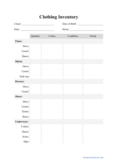 clothing inventory sheet