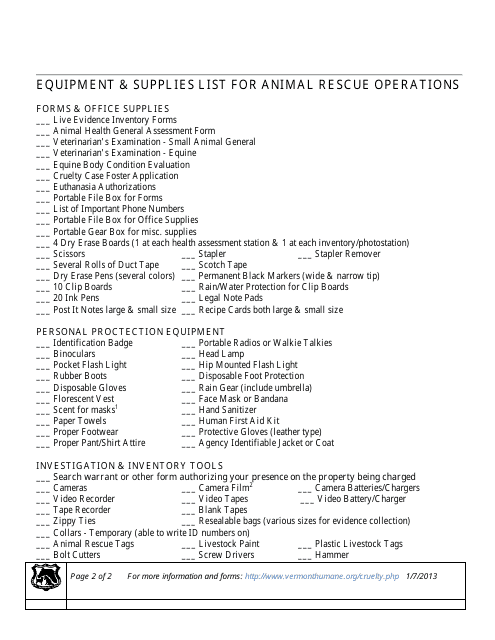 &quot;Equipment &amp; Supplies List for Animal Rescue Operations Template&quot; Download Pdf