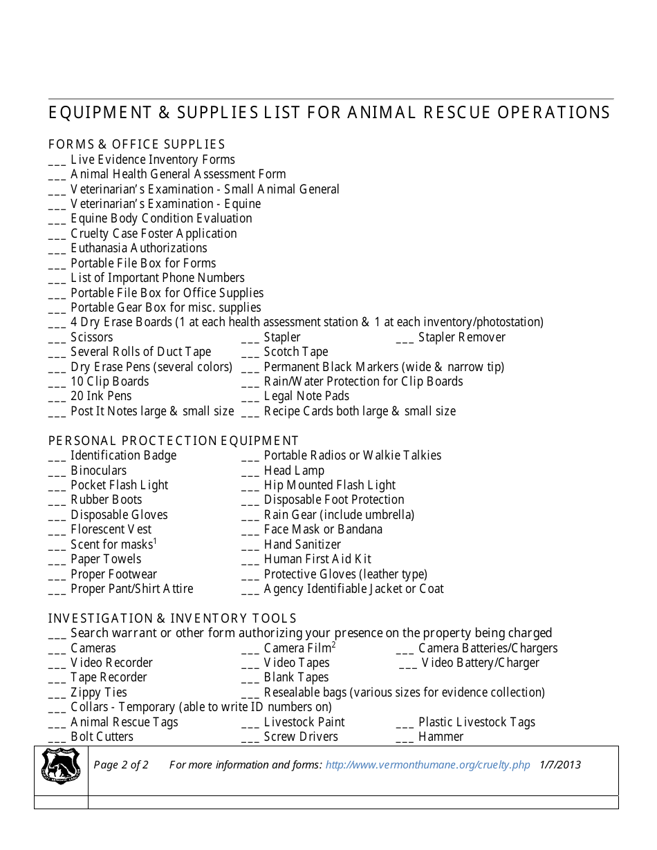 Equipment and Supplies List for Animal Rescue Operations Template