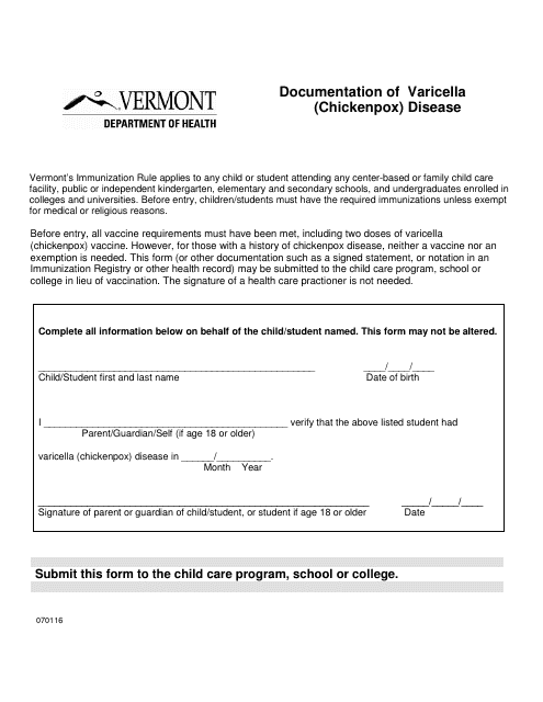 Documentation of Varicella (Chickenpox) Disease - Vermont Download Pdf