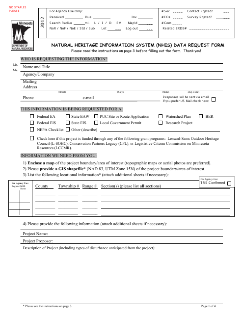 Natural Heritage Information System (Nhis) Data Request Form - Minnesota Download Pdf