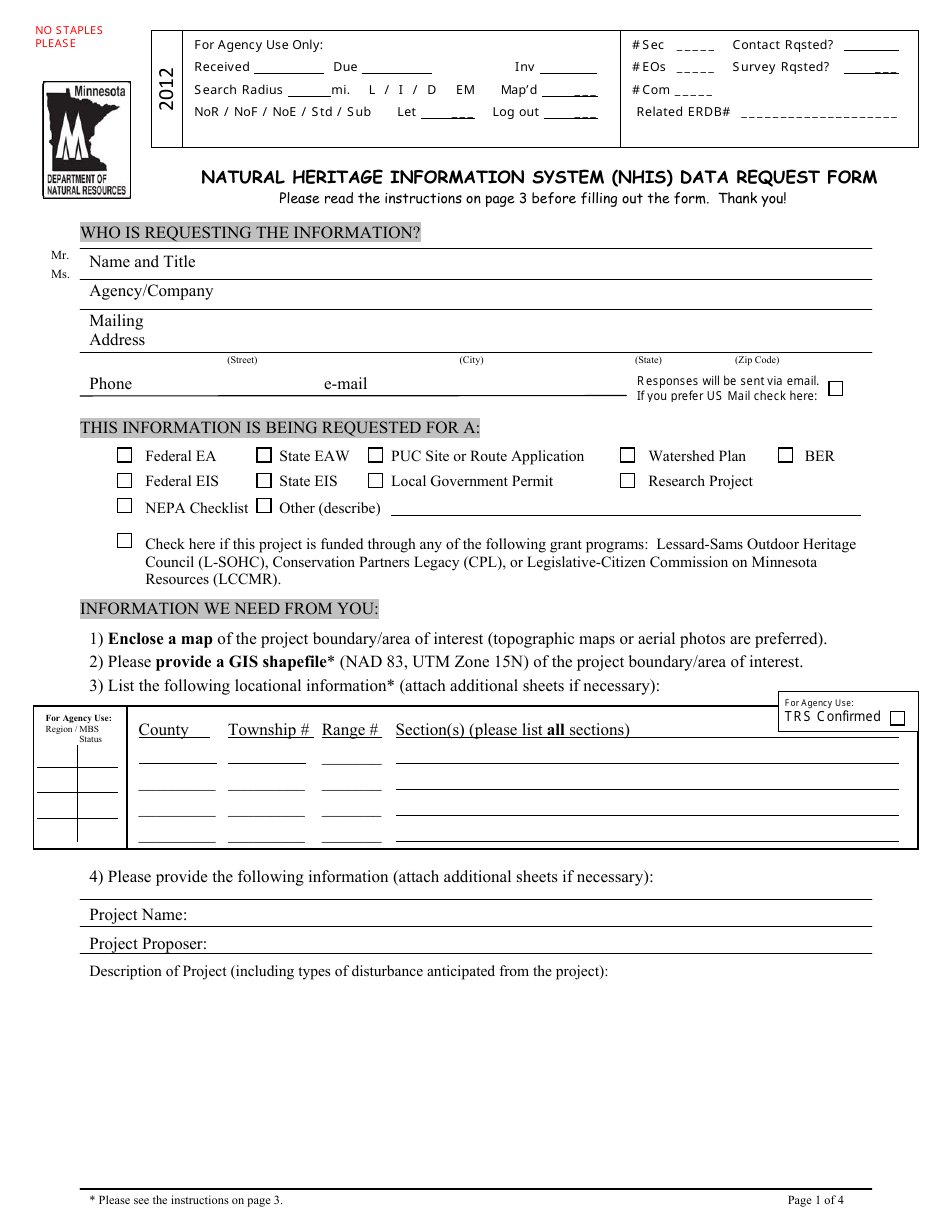 Natural Heritage Information System (Nhis) Data Request Form - Minnesota, Page 1