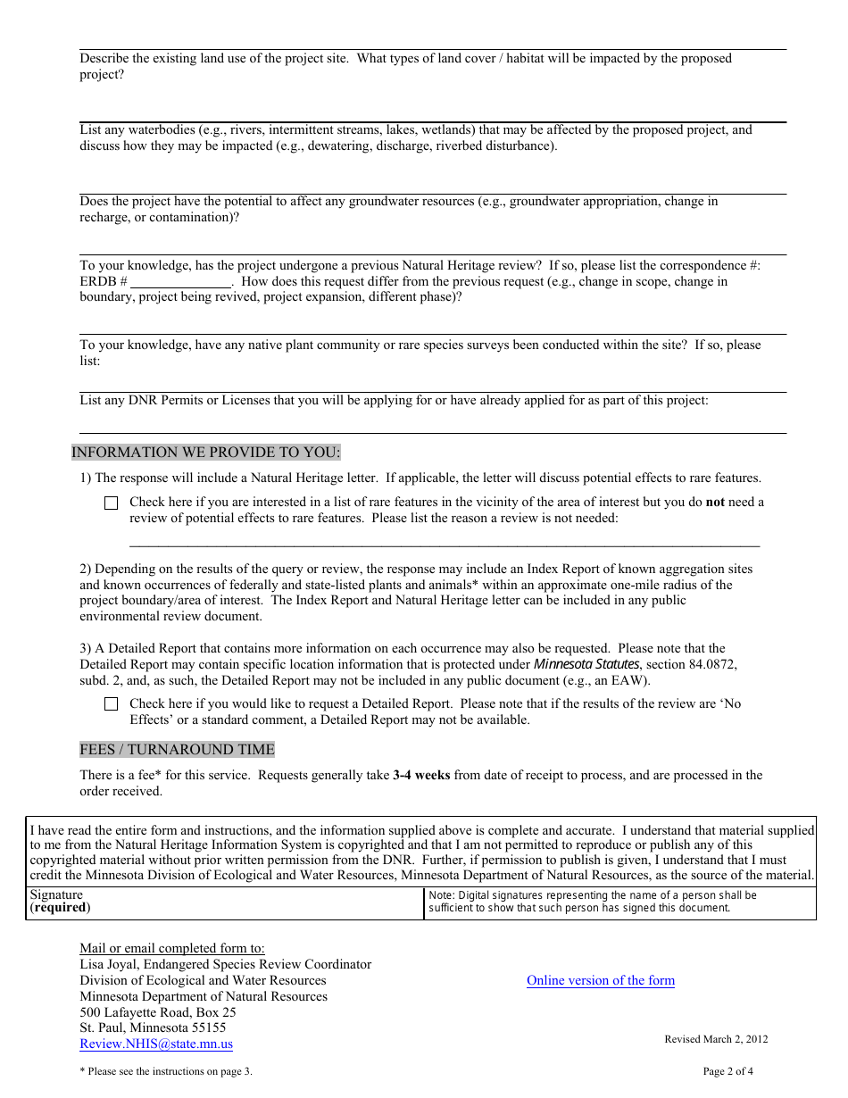 Natural Heritage Information System (Nhis) Data Request Form - Minnesota, Page 2