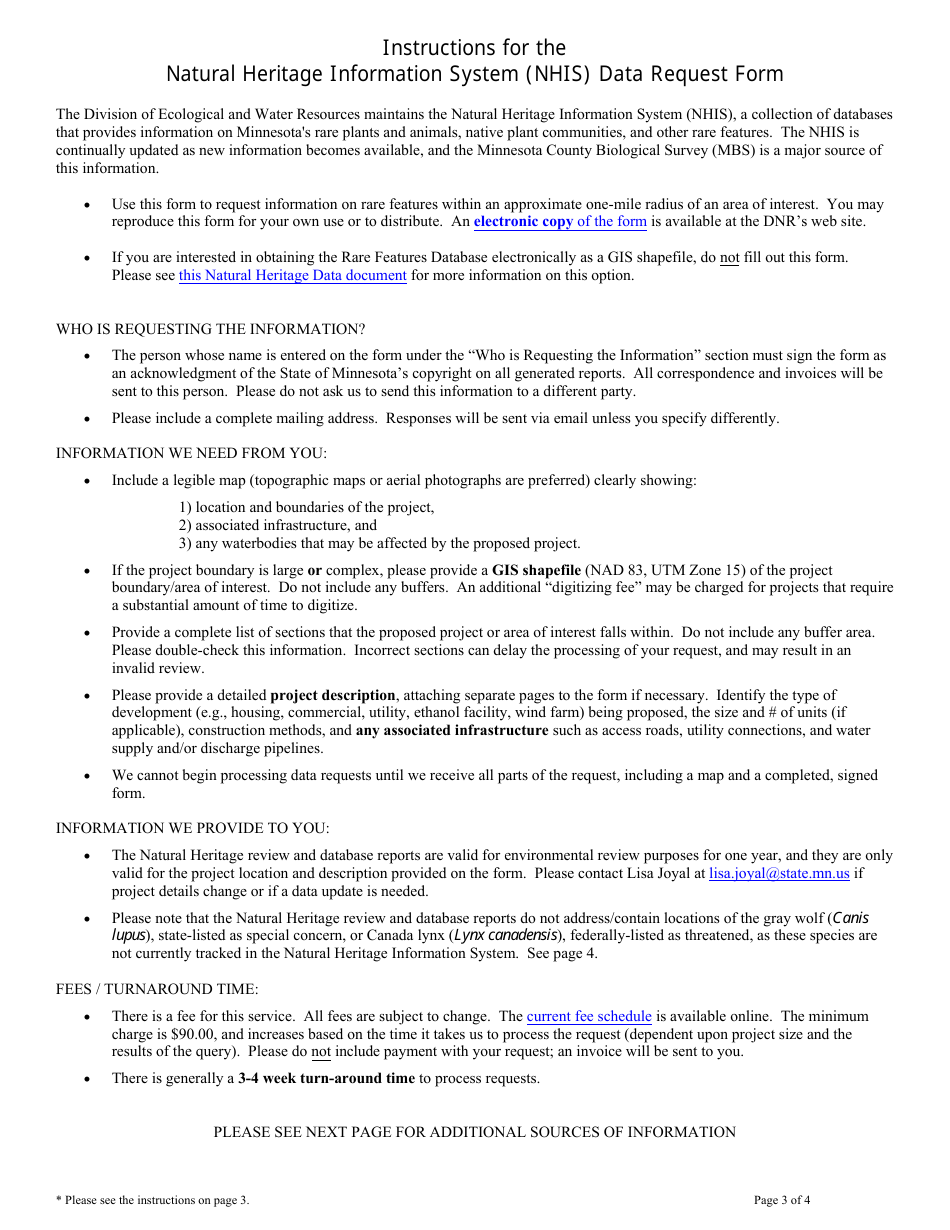 Natural Heritage Information System (Nhis) Data Request Form - Minnesota, Page 3