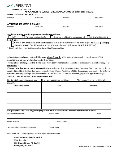Application to Correct or Amend a Vermont Birth Certificate - Vermont Download Pdf