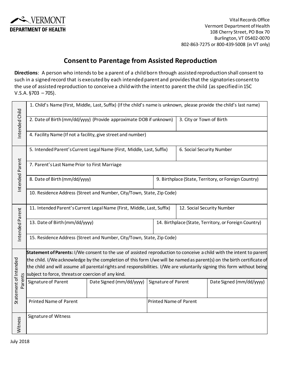 Consent to Parentage From Assisted Reproduction - Vermont, Page 1