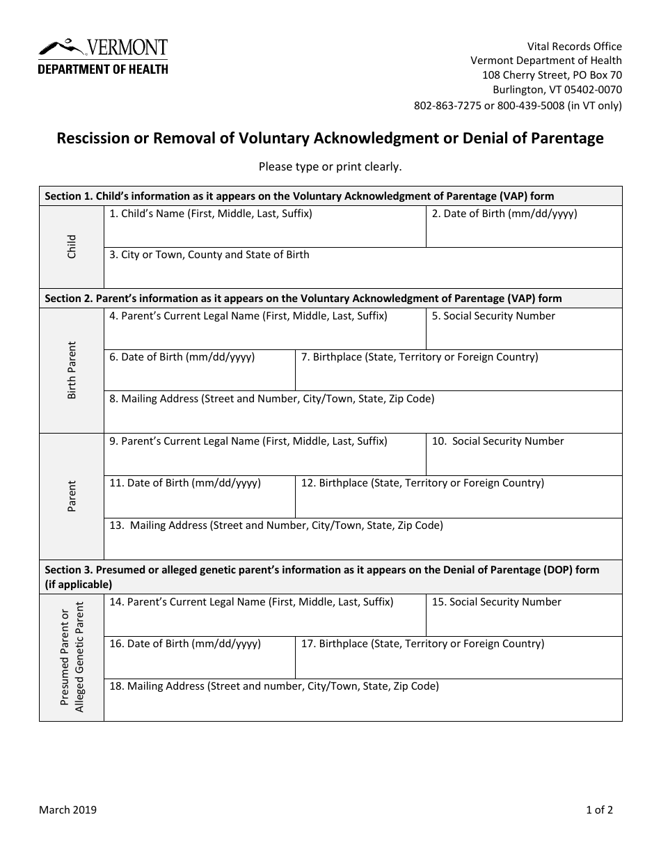 Rescission or Removal of Voluntary Acknowledgment or Denial of Parentage - Vermont, Page 1