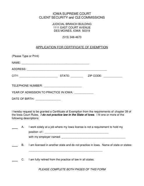 Application for Certificate of Exemption - Iowa