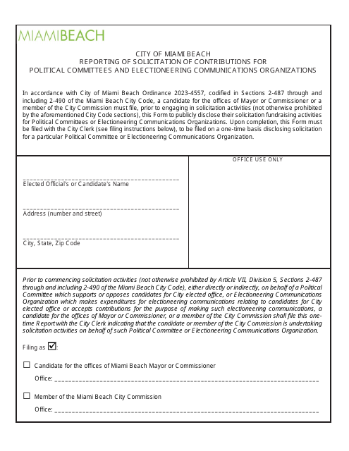Form MBCC1 Reporting of Solicitation of Contributions for Political Committees and Electioneering Communications Organizations - City of Miami Beach, Florida