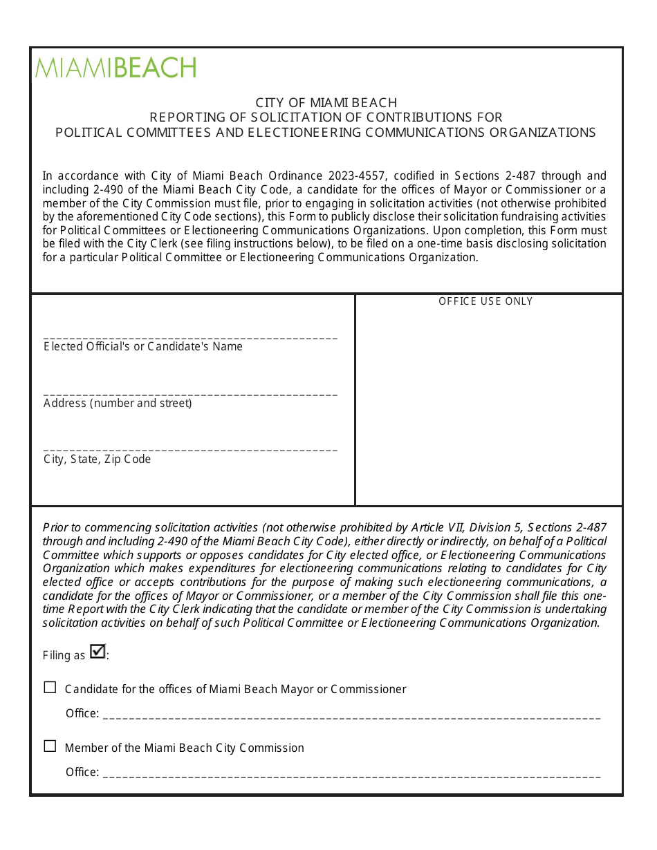 Form MBCC1 Reporting of Solicitation of Contributions for Political Committees and Electioneering Communications Organizations - City of Miami Beach, Florida, Page 1