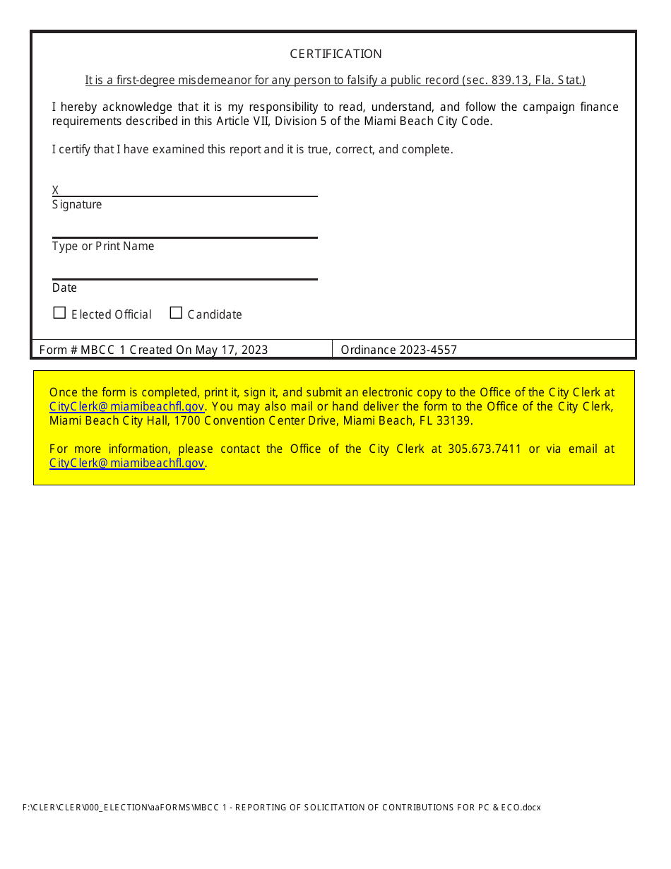 Form MBCC1 Reporting of Solicitation of Contributions for Political Committees and Electioneering Communications Organizations - City of Miami Beach, Florida, Page 3