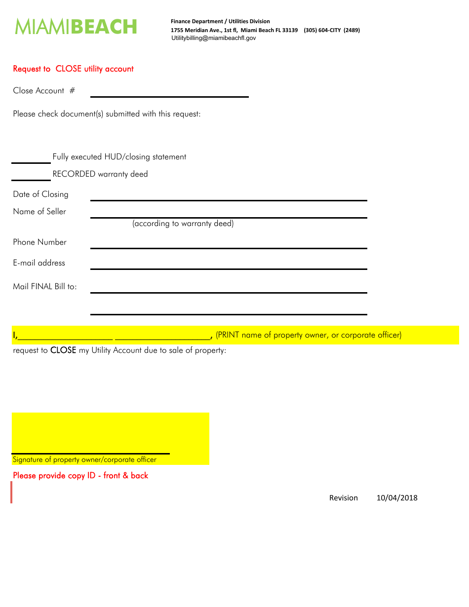 Request to Close Utility Account - City of Miami Beach, Florida, Page 1