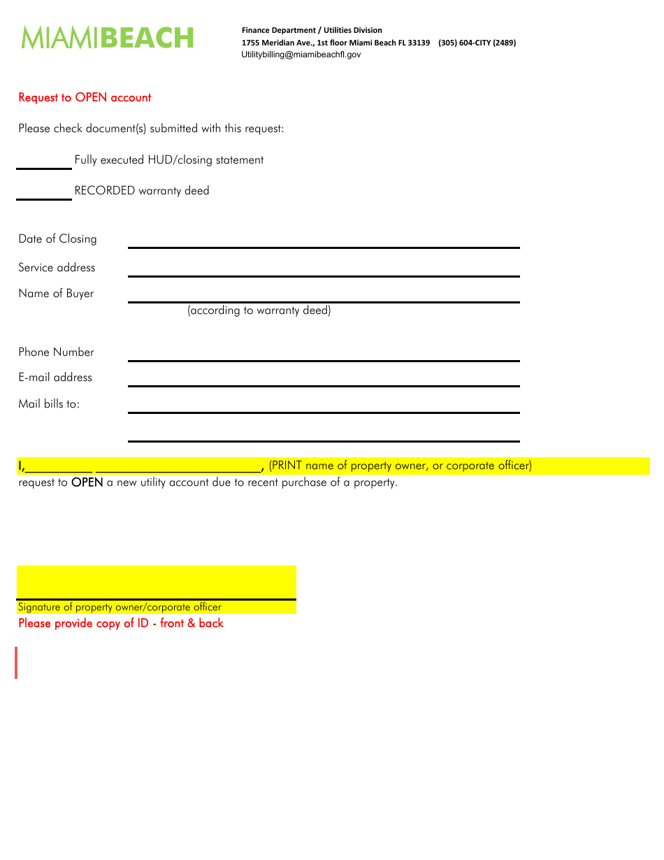 Request to Open Utility Account - City of Miami Beach, Florida, Page 1