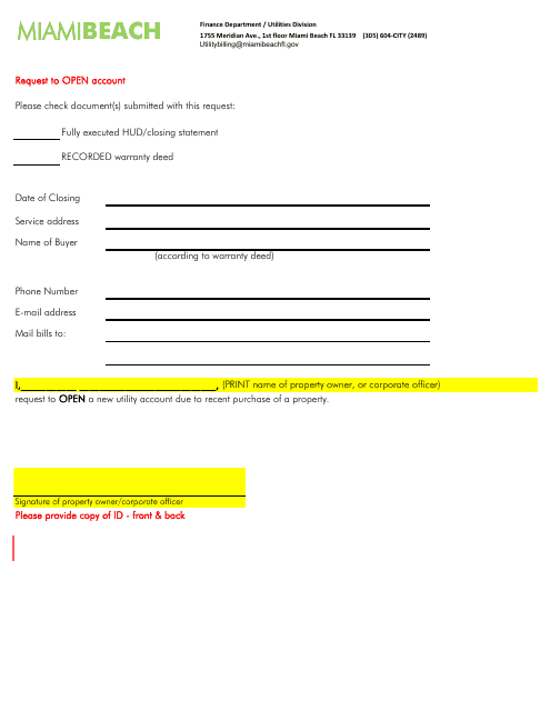 Request to Open Utility Account - City of Miami Beach, Florida Download Pdf
