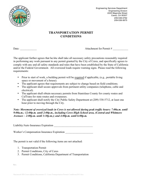 Transportation Permit Conditions - City of Ceres, California Download Pdf