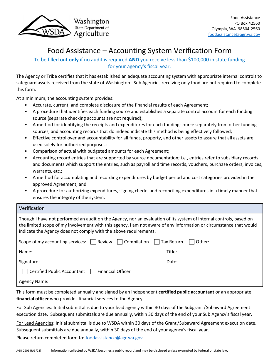 Form AGR-2206 Food Assistance - Accounting System Verification Form - Washington, Page 1