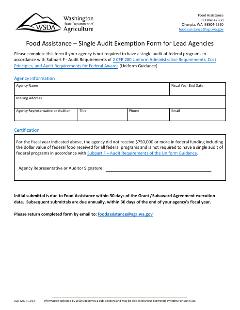Form AGR-2207 Food Assistance - Single Audit Exemption Form for Lead Agencies - Washington