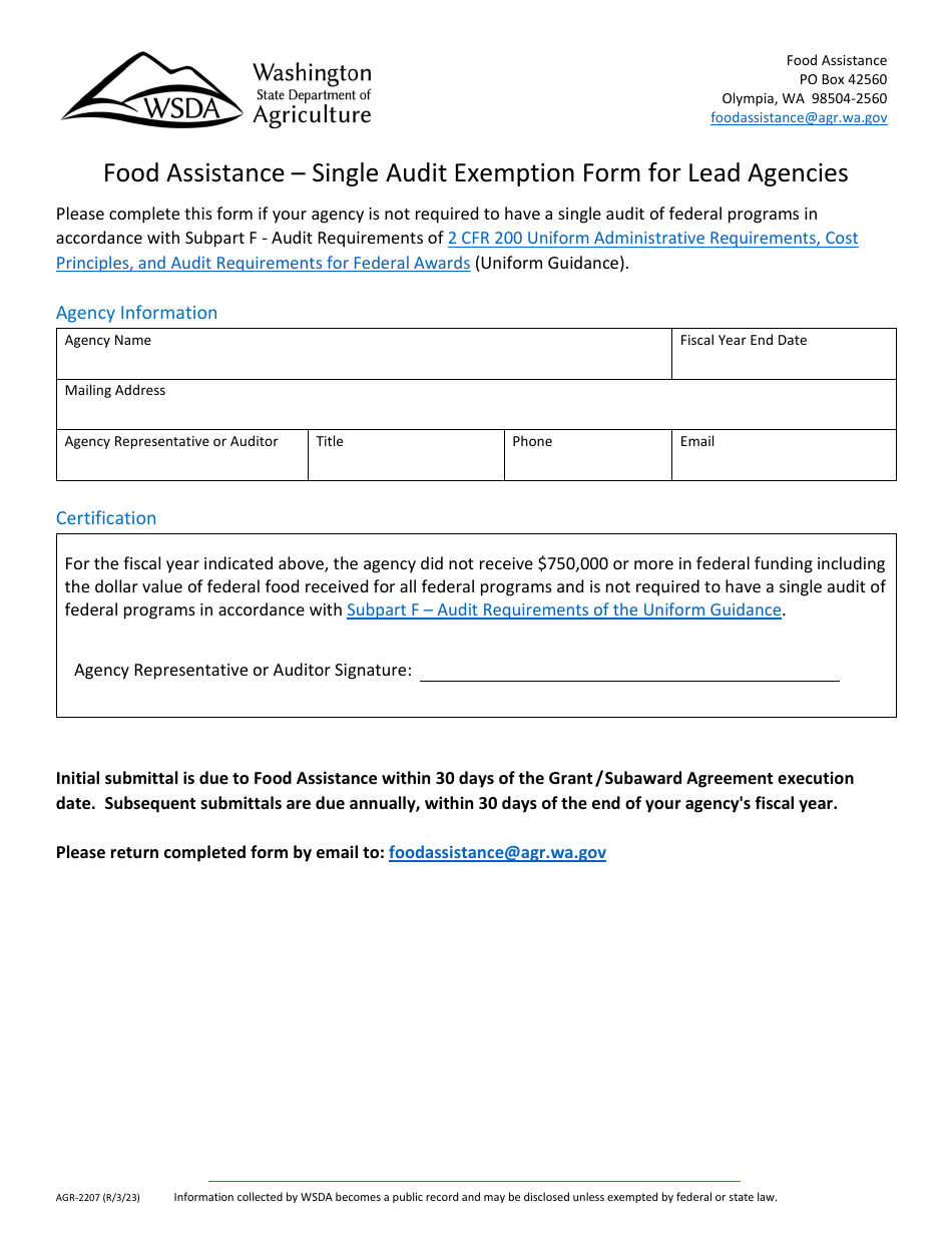Form AGR-2207 Food Assistance - Single Audit Exemption Form for Lead Agencies - Washington, Page 1