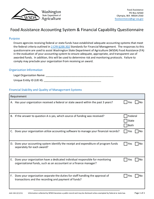 Form AGR-2383 Food Assistance Accounting System & Financial Capability Questionnaire - Washington
