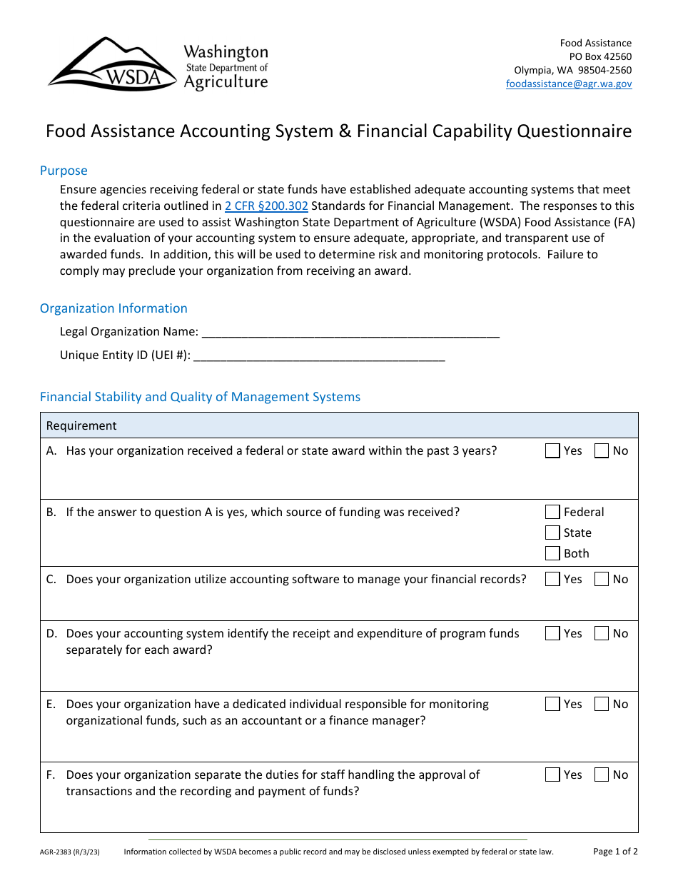 Form AGR-2383 Food Assistance Accounting System  Financial Capability Questionnaire - Washington, Page 1