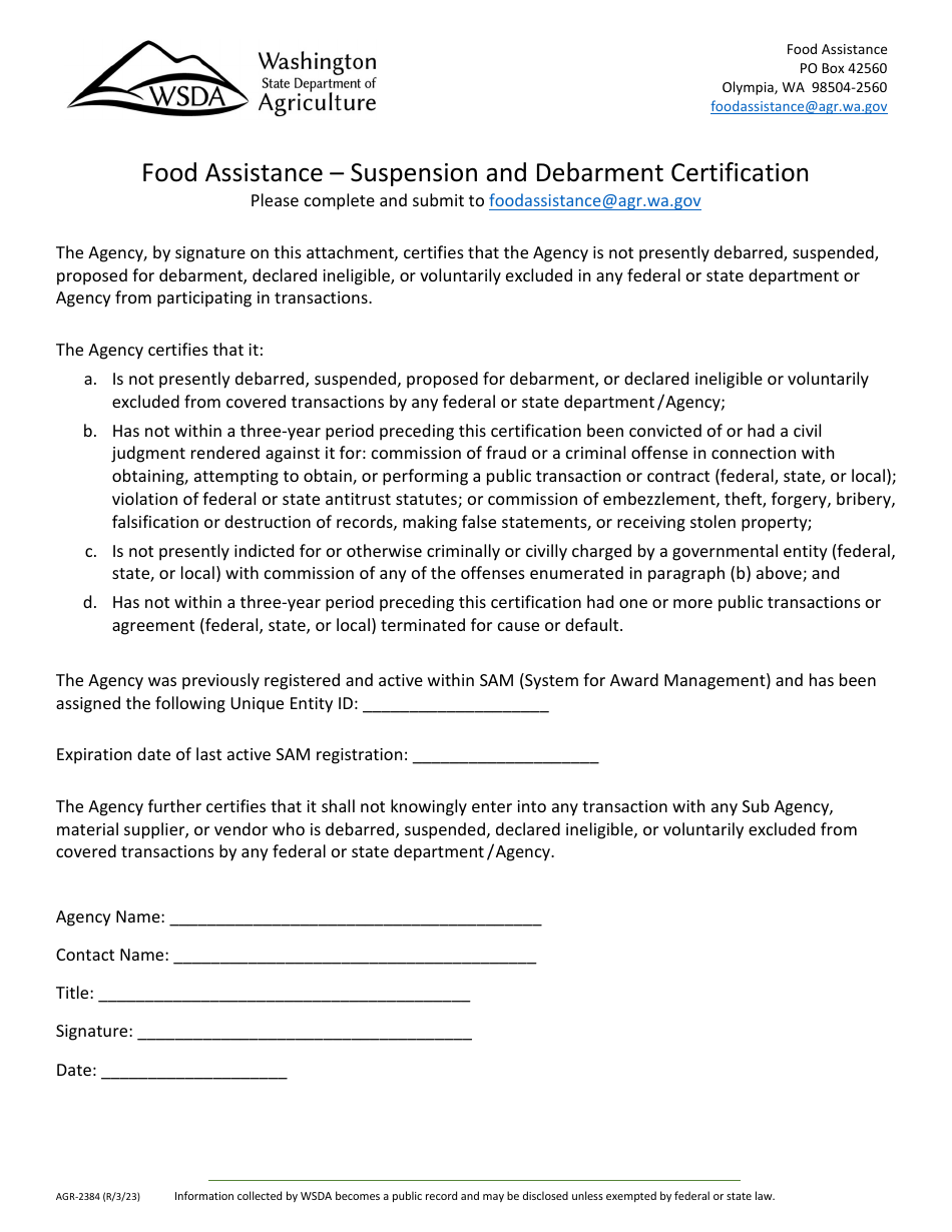 Form AGR-2384 Food Assistance - Suspension and Debarment Certification - Washington, Page 1