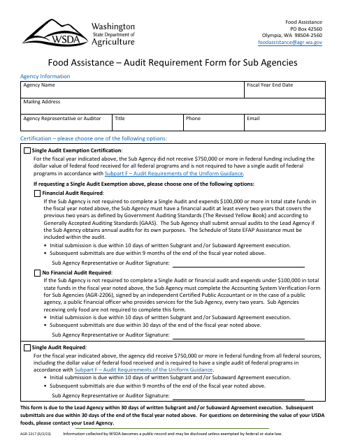 Form AGR-2217 Food Assistance - Audit Requirement Form for Sub Agencies - Washington