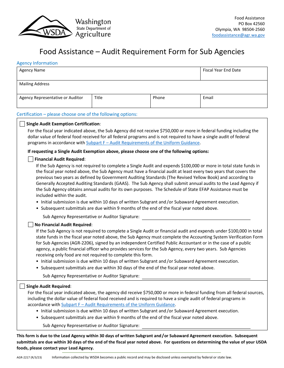 Form AGR-2217 Food Assistance - Audit Requirement Form for Sub Agencies - Washington, Page 1