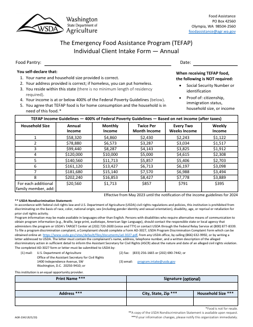 Form AGR-2342 Individual Client Intake Form - Annual - the Emergency Food Assistance Program (Tefap) - Washington