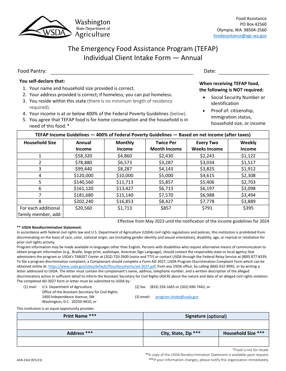 Form AGR-2342 Individual Client Intake Form - Annual - the Emergency Food Assistance Program (Tefap) - Washington, Page 1