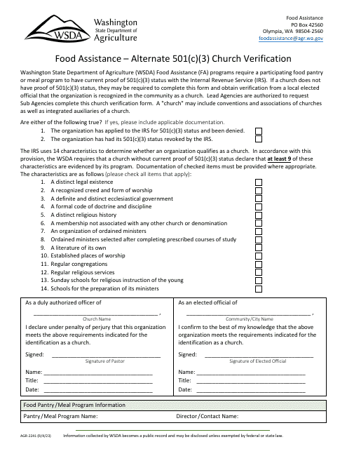 Form AGR-2241 Food Assistance - Alternate 501(C)(3) Church Verification - Washington