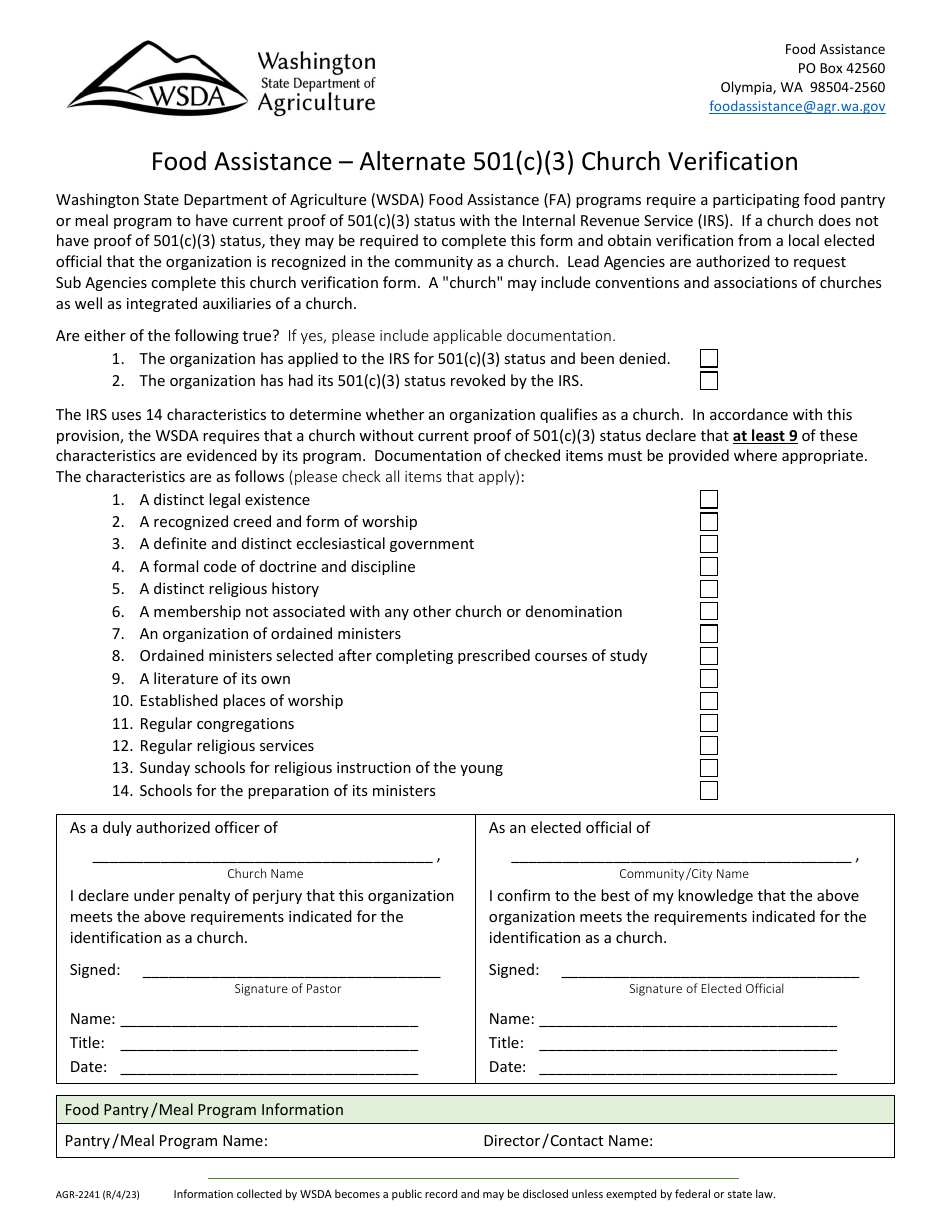 Form AGR-2241 Food Assistance - Alternate 501(C)(3) Church Verification - Washington, Page 1