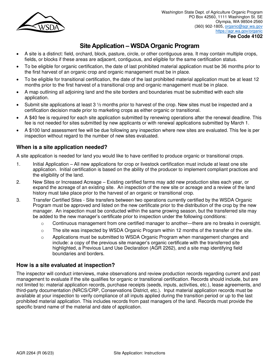 Form AGR-2264 Site Application - Wsda Organic Program - Washington, Page 1