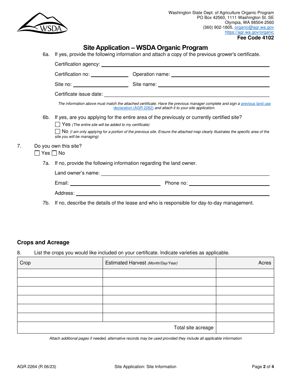 Form AGR-2264 Site Application - Wsda Organic Program - Washington, Page 3