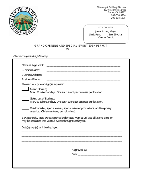 Grand Opening and Special Event Sign Permit - City of Ceres, California Download Pdf