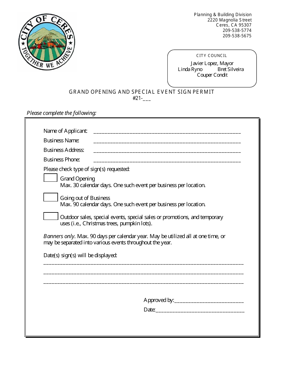 Grand Opening and Special Event Sign Permit - City of Ceres, California, Page 1