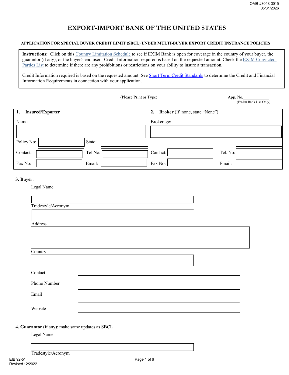 Form EIB92-51 Application for Special Buyer Credit Limit (Sbcl) Under Multi-Buyer Export Credit Insurance Policies, Page 1